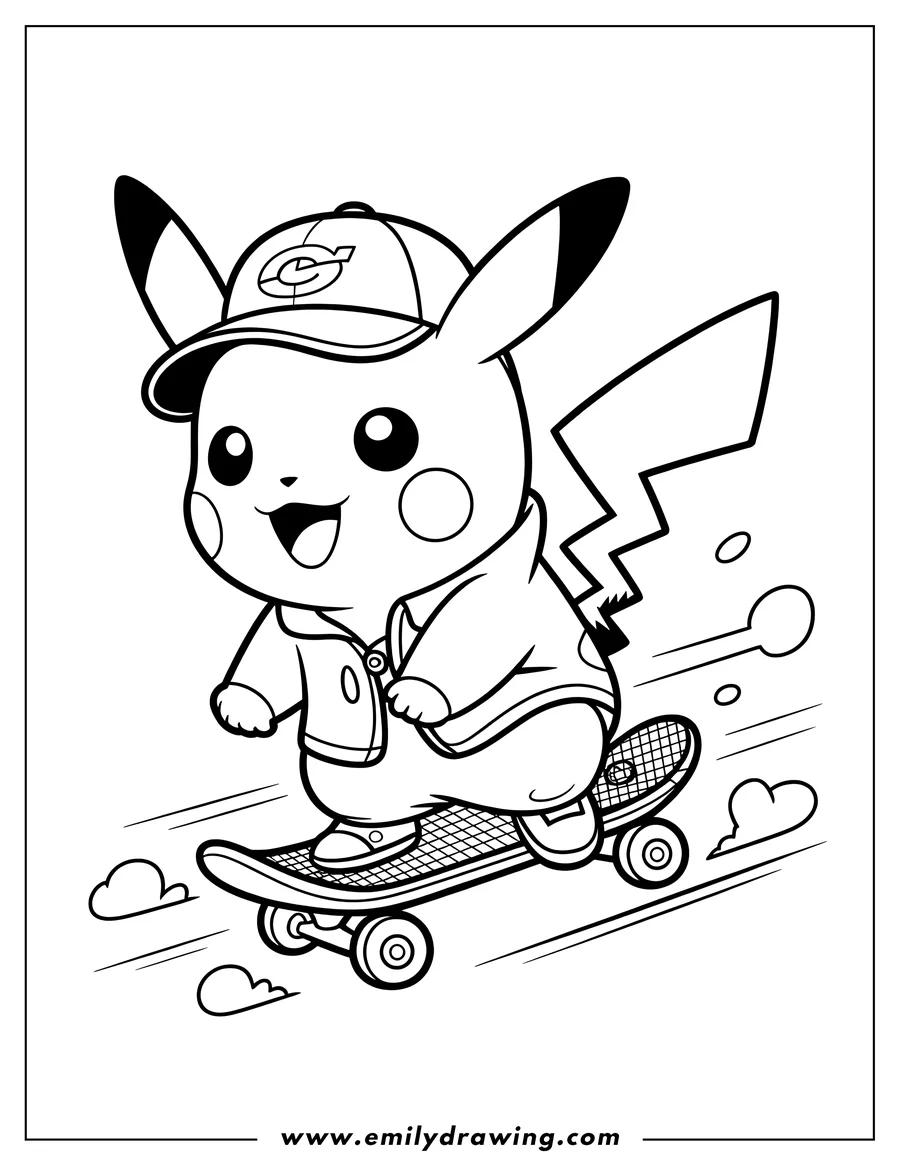 Line art of Pikachu wearing a baseball cap and jacket, happily riding a skateboard with clouds and speed lines behind it.
