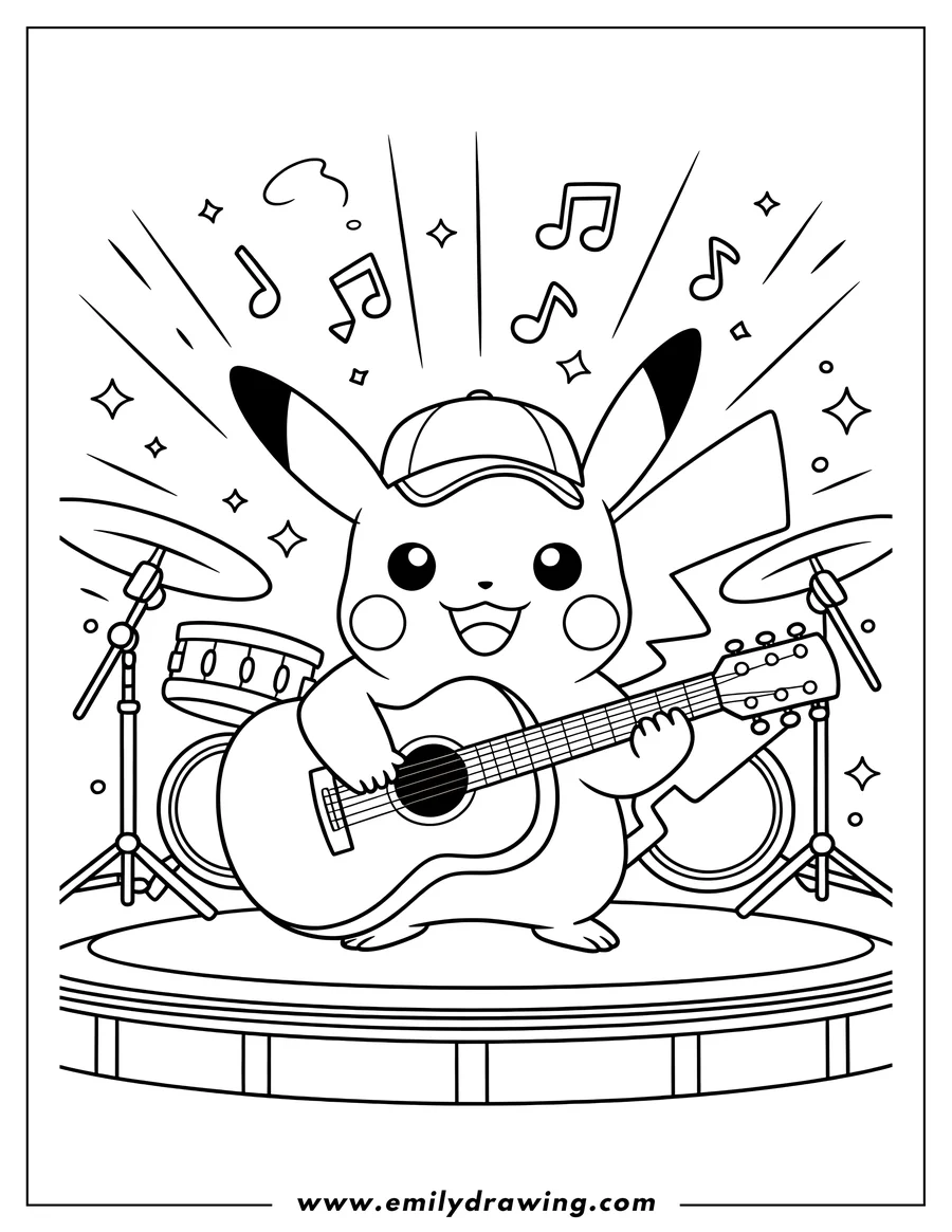 Outline of Pikachu wearing a baseball cap and playing an acoustic guitar on a stage, with a drum set behind him and music notes floating around.
