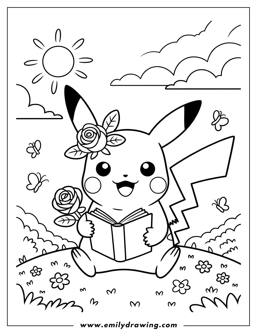 Line art of Pikachu sitting in a grassy field, reading an open book. Pikachu has a rose behind one ear and holds another rose in its paw. Butterflies flutter around, and a sun shines in the sky.