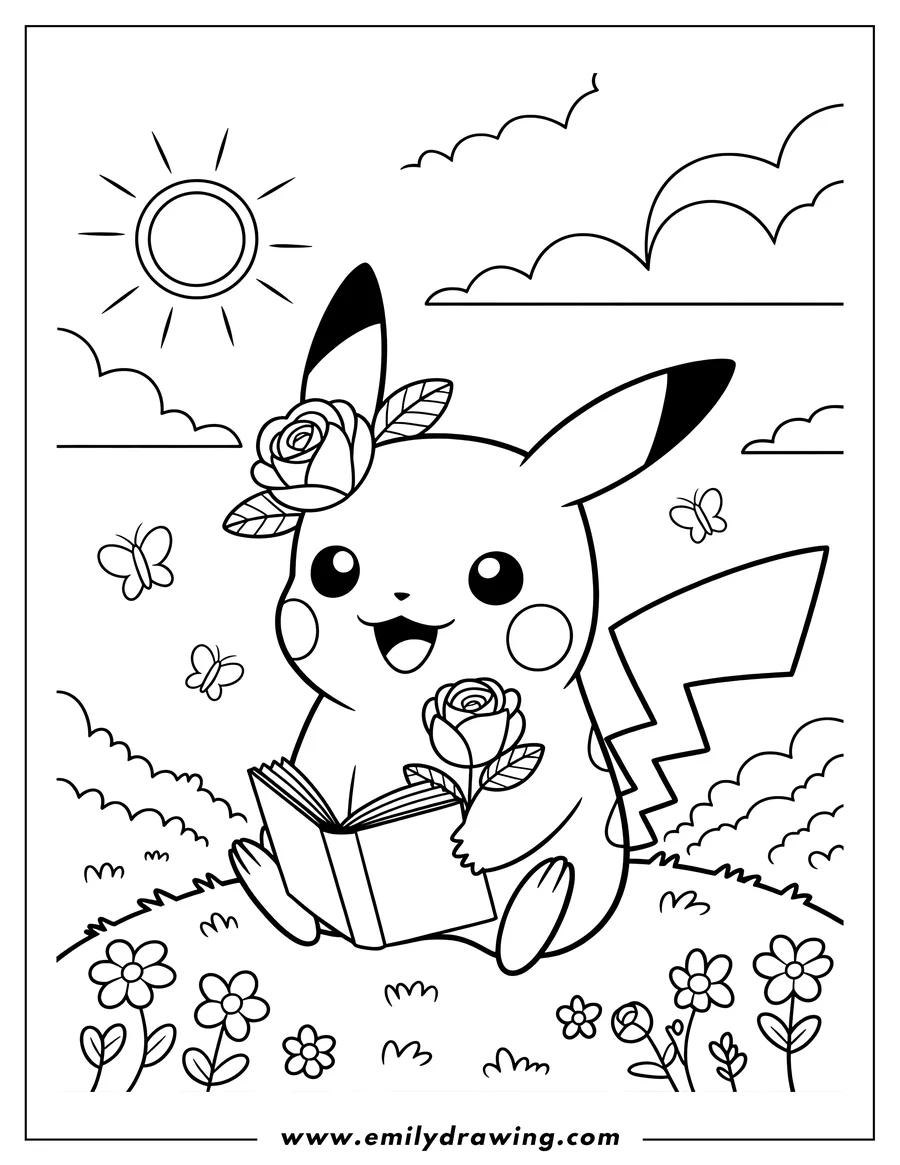 Line art of Pikachu holding a rose and reading a book while sitting in a field with flowers, butterflies, and the sun.