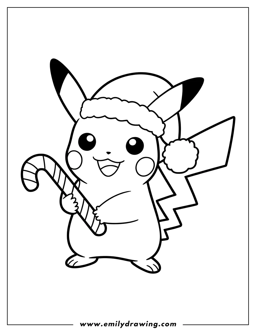 Outline of Pikachu wearing a Santa hat and holding a striped candy cane.
