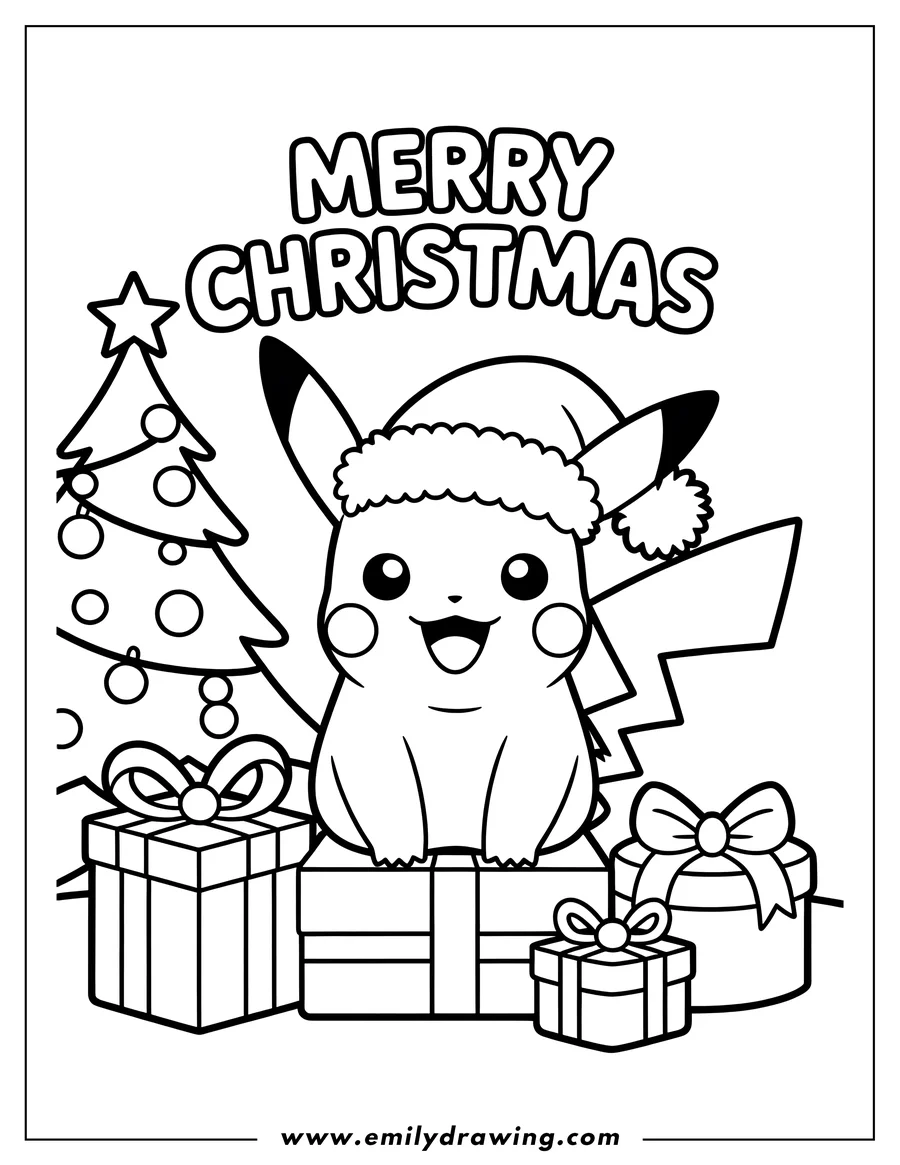 Outline of Pikachu wearing a Santa hat, sitting on a gift box, next to a decorated Christmas tree and other presents. The words 'Merry Christmas' are at the top.