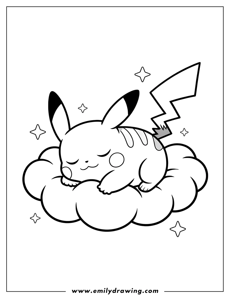 Line art of Pikachu sleeping soundly on a fluffy cloud, surrounded by small stars