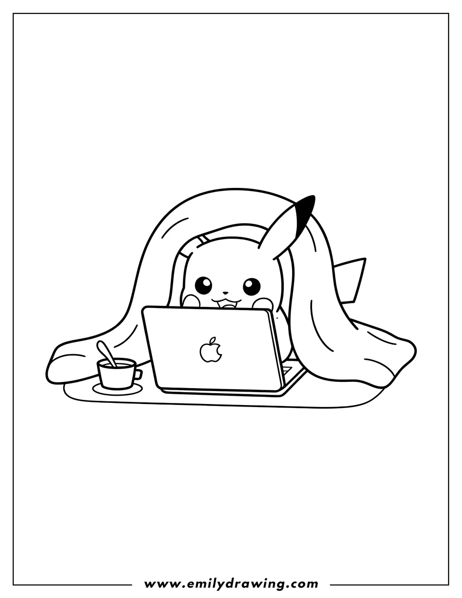 Outline of Pikachu peeking out from under a blanket, sitting at a table with a laptop and a mug with a spoon