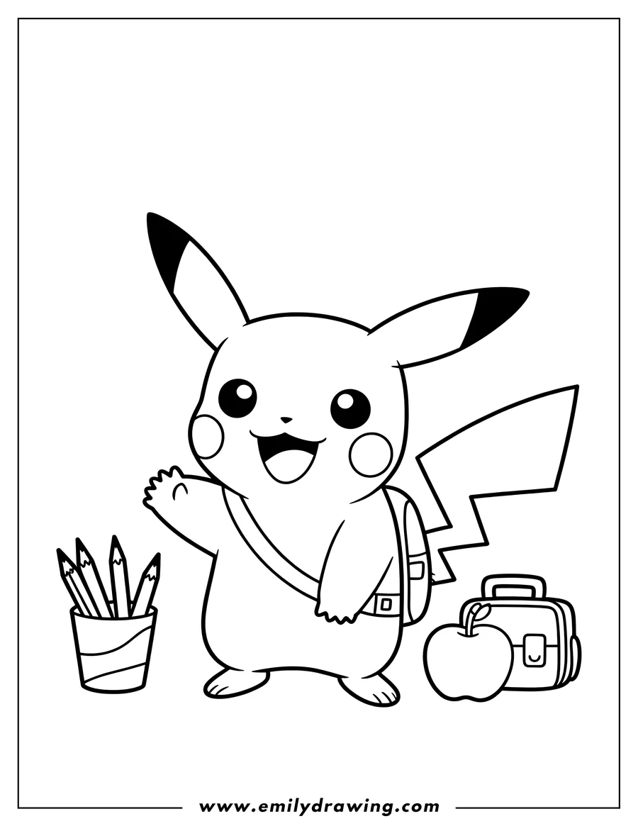Line art of Pikachu waving with a backpack, a cup of pencils, a lunchbox, and an apple next to him