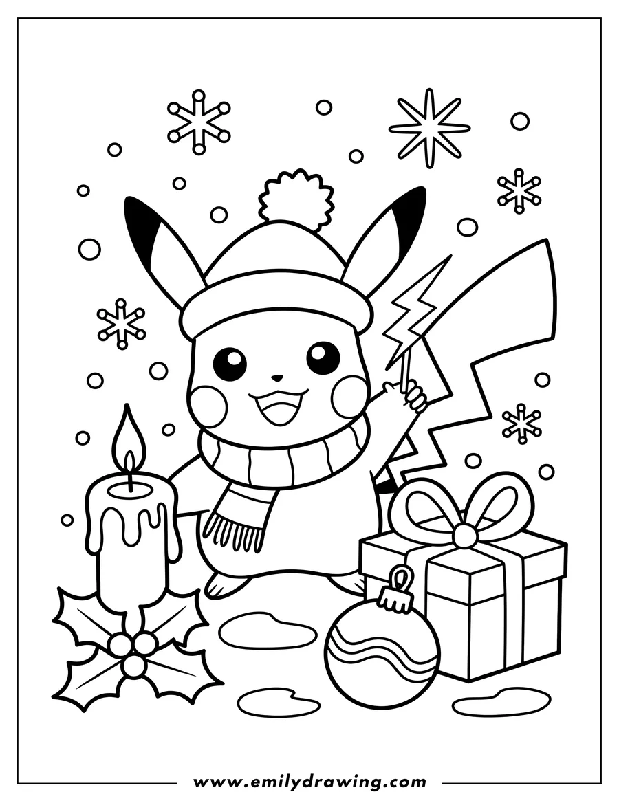 Outline of Pikachu wearing a winter hat and scarf, holding a lightning bolt. It is surrounded by a burning candle with holly, a gift box, a Christmas ornament, and snowflakes.