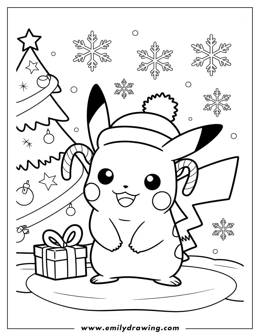 Line art of Pikachu wearing a winter hat with a pom-pom, standing next to a decorated Christmas tree with a gift, surrounded by falling snowflakes.