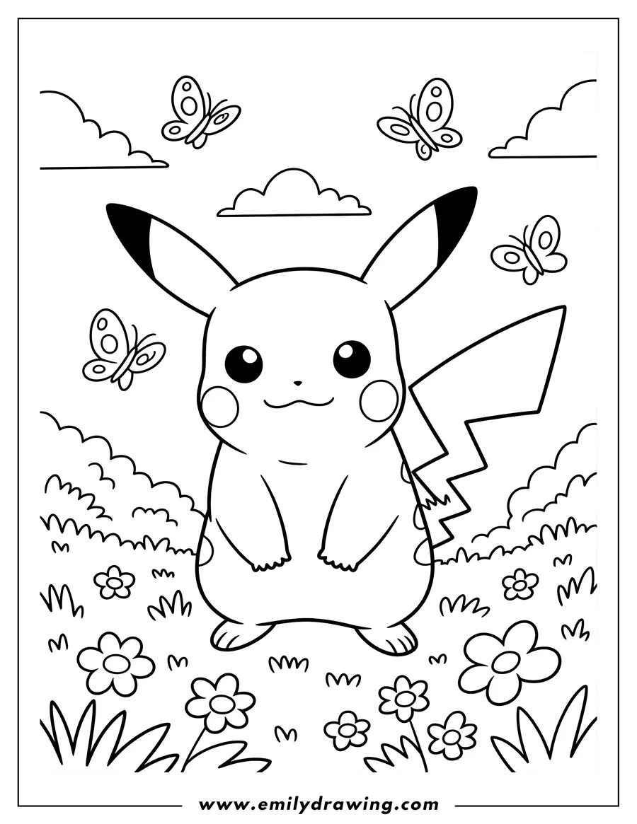 Outline of Pikachu standing amidst flowers and grass with butterflies flying around and clouds in the sky