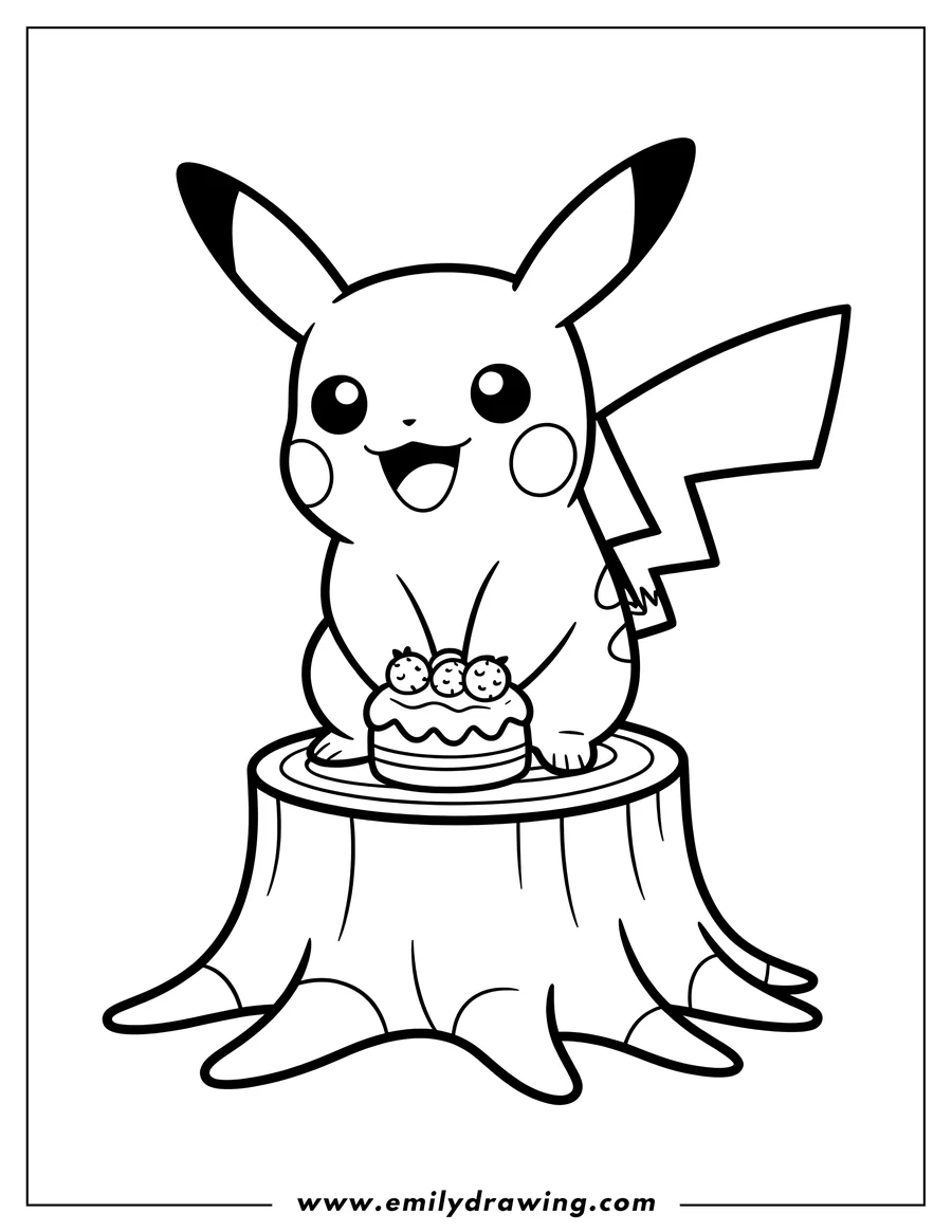 Line art of Pikachu sitting on a tree stump with a small cake decorated with berries in front of it
