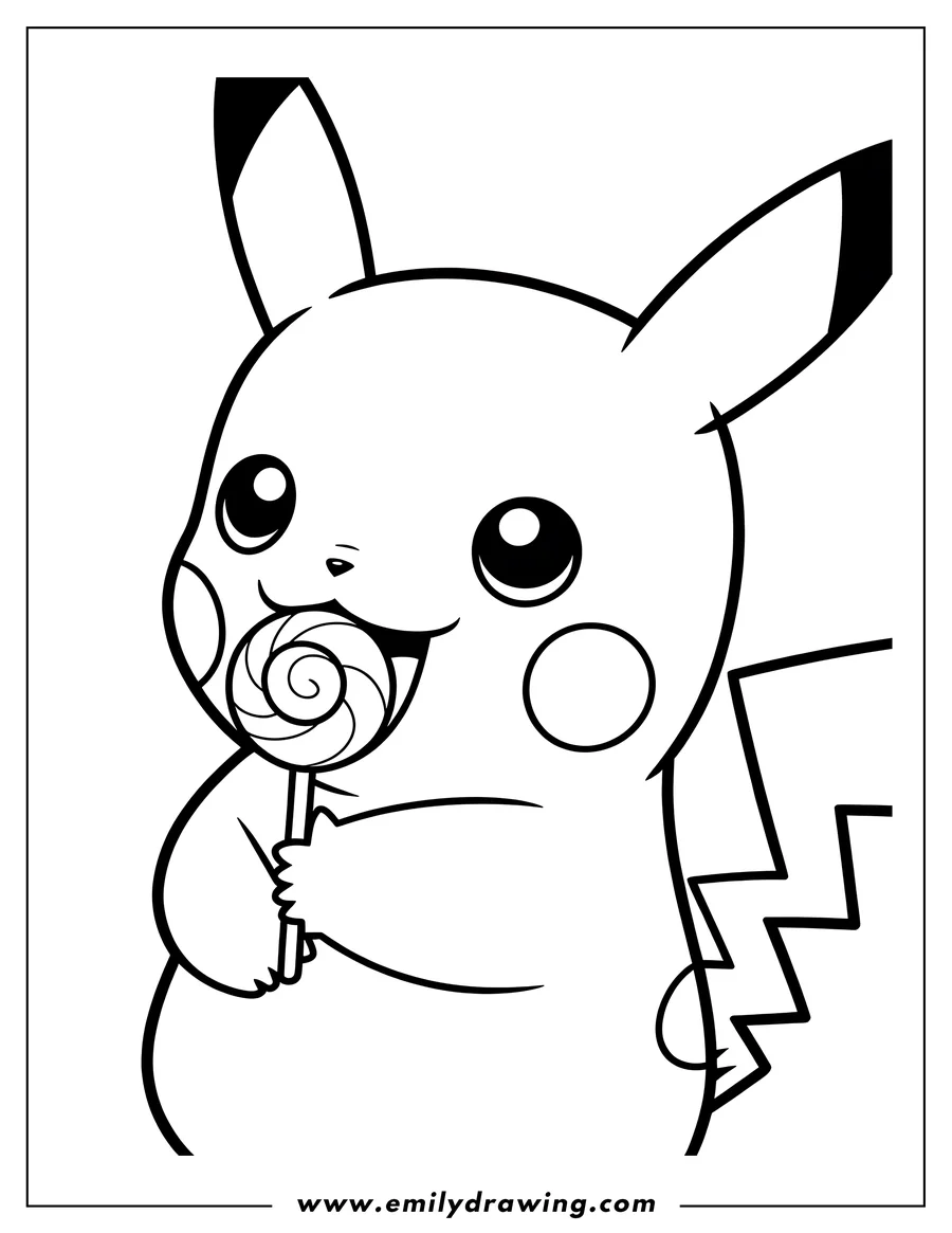 Outline of Pikachu holding and licking a swirled lollipop