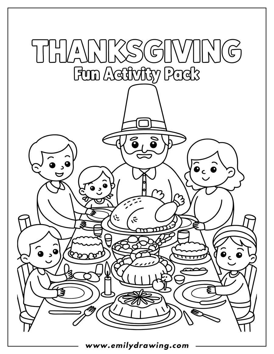 Line art of a family and pilgrim enjoying a Thanksgiving feast with a roasted turkey, pie, and other dishes on the table.