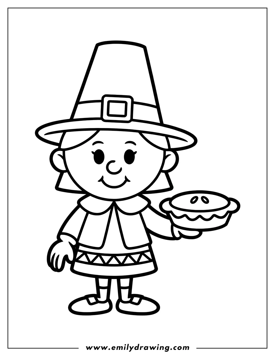 Outline of a pilgrim girl holding a pie. She wears a pilgrim hat and dress with a triangle pattern near the hem.