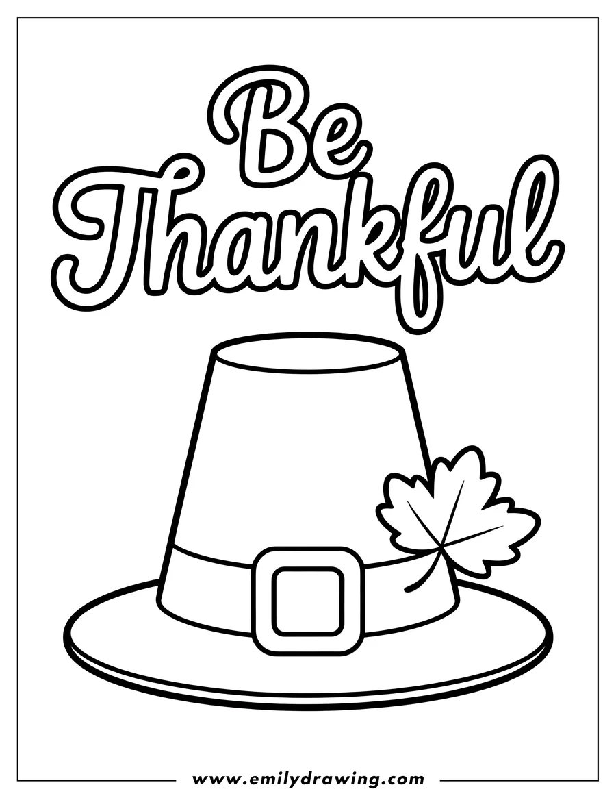 Outline of a pilgrim hat with a leaf tucked into the band. The words