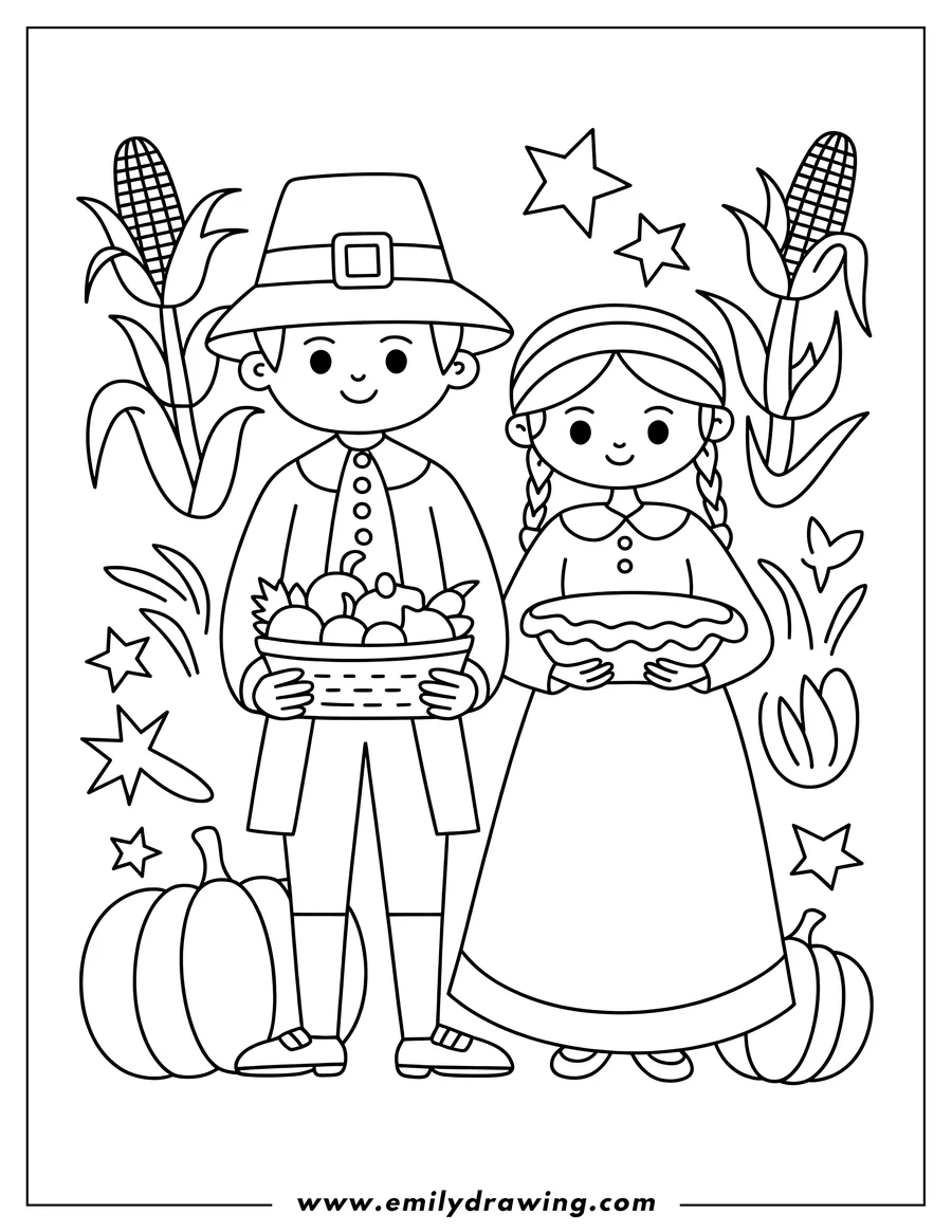 Line art of two pilgrim children, a boy carrying a basket of apples and a girl holding a pie, surrounded by pumpkins, corn stalks, and decorative stars for Thanksgiving.