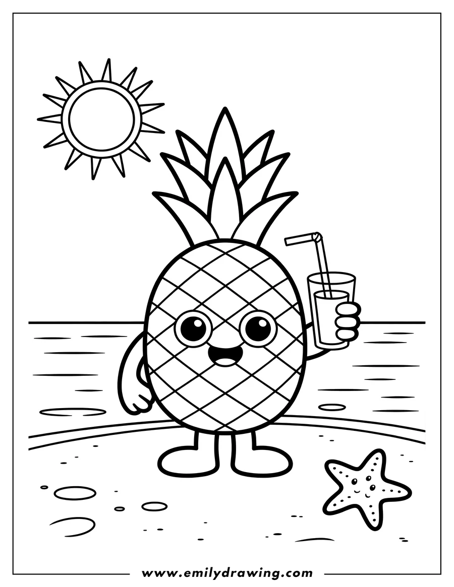 Line art of a cartoon pineapple character holding a glass with a drink and a straw on a sandy beach, with the ocean in the background and a smiling starfish nearby, and a shining sun in the sky.