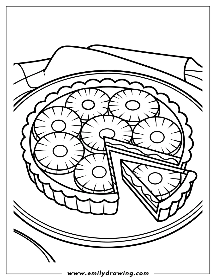 Line art of a whole pineapple pie served on a plate, featuring several pineapple rings on top, with one triangular slice cut out and placed next to the main pie.