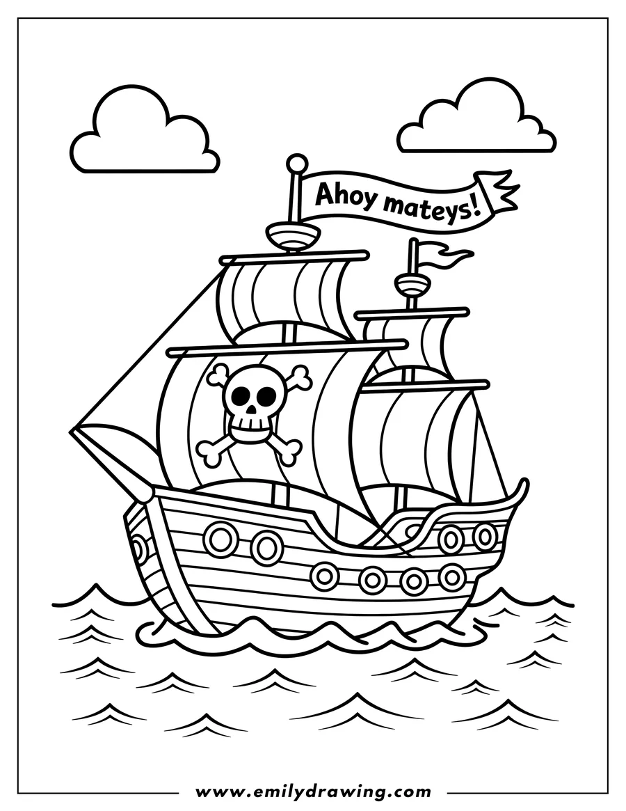 Outline of a pirate ship sailing on the open sea, with a skull and crossbones flag and a banner that says 