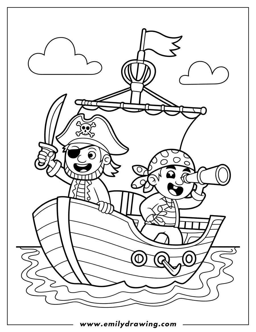 Two pirates on a boat. One holds a sword, the other looks through a telescope. Simple line art for coloring.