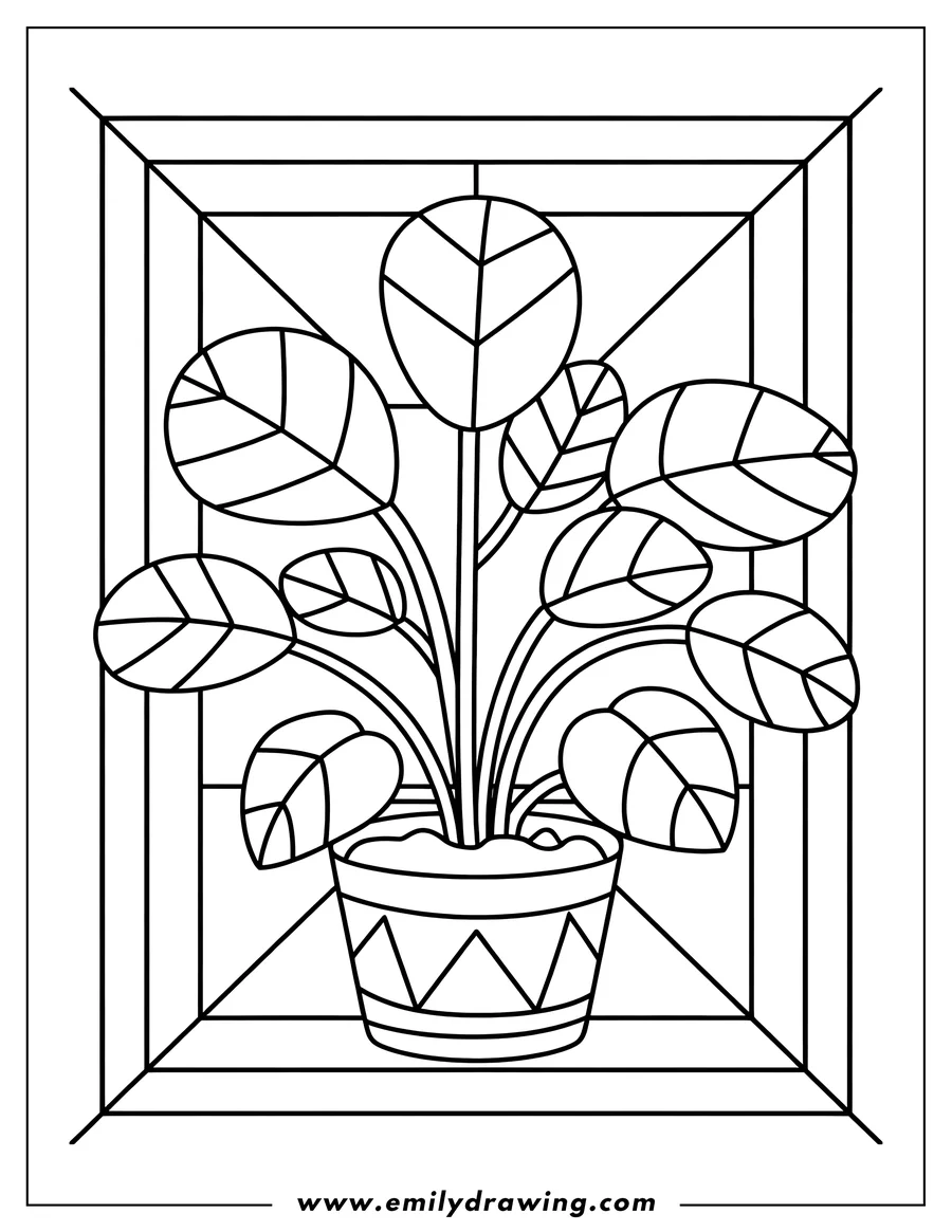 Outline of a potted plant with round leaves, set against a geometric background.