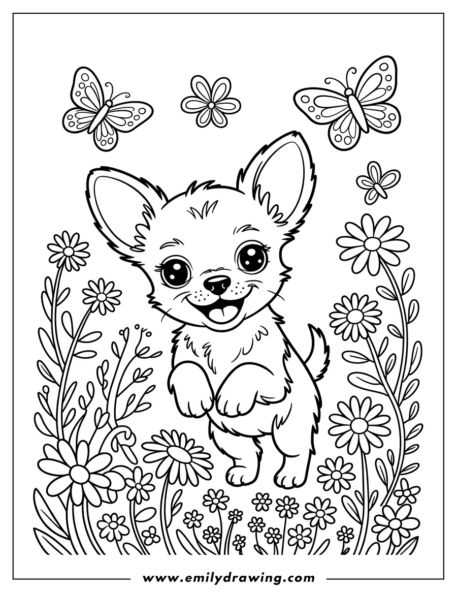 Outline of a playful chihuahua puppy standing among flowers and butterflies. The chihuahua has big, happy eyes and a large smile.