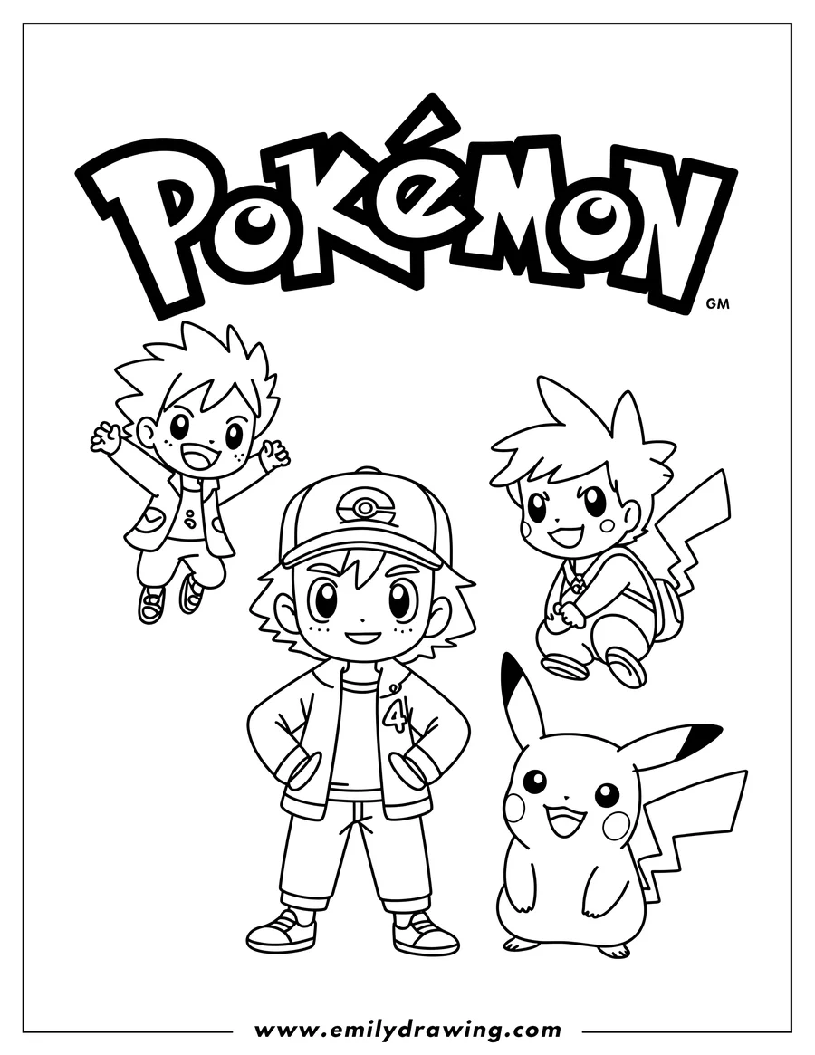 Line art of multiple Pokemon characters and Pikachu with the Pokemon logo overhead. Features Ash Ketchum in a cap, two other child trainers, and a smiling Pikachu.