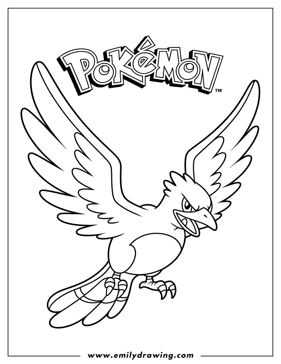 Line art of the Pokémon Pidgeotto in flight, with its wings spread wide and mouth open, with the 'Pokémon' logo above its head.