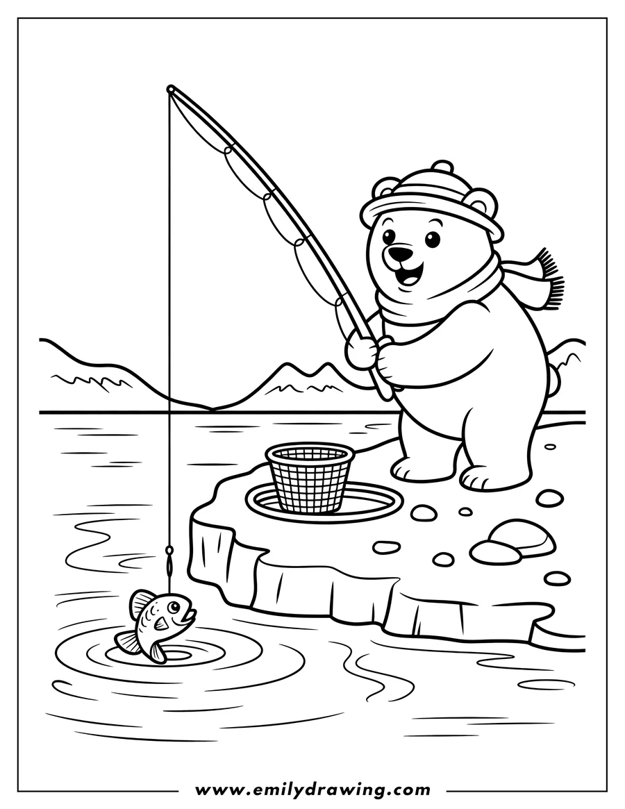 Line art of a polar bear wearing a hat and scarf, ice fishing with a fishing rod, catching a fish on a hook, with a basket nearby on an ice floe.