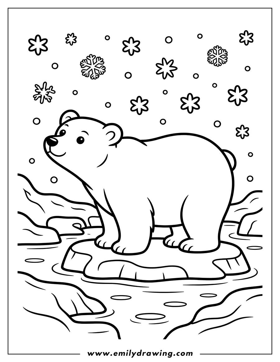 Outline of a friendly polar bear standing on an ice floe with snowflakes and ice chunks in the water around him.