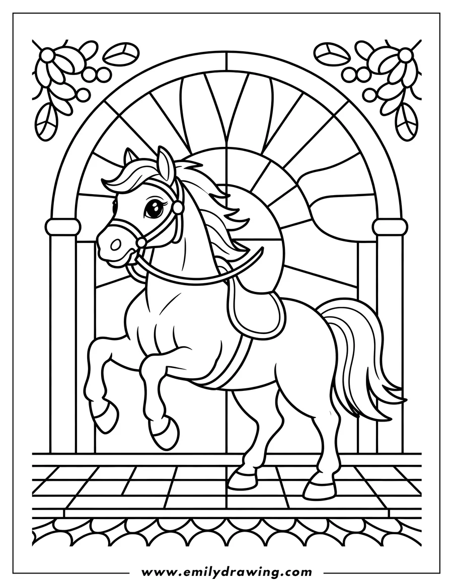 Line art of a pony with a saddle and bridle, standing in a stable with a tiled floor and arched, stained-glass window.