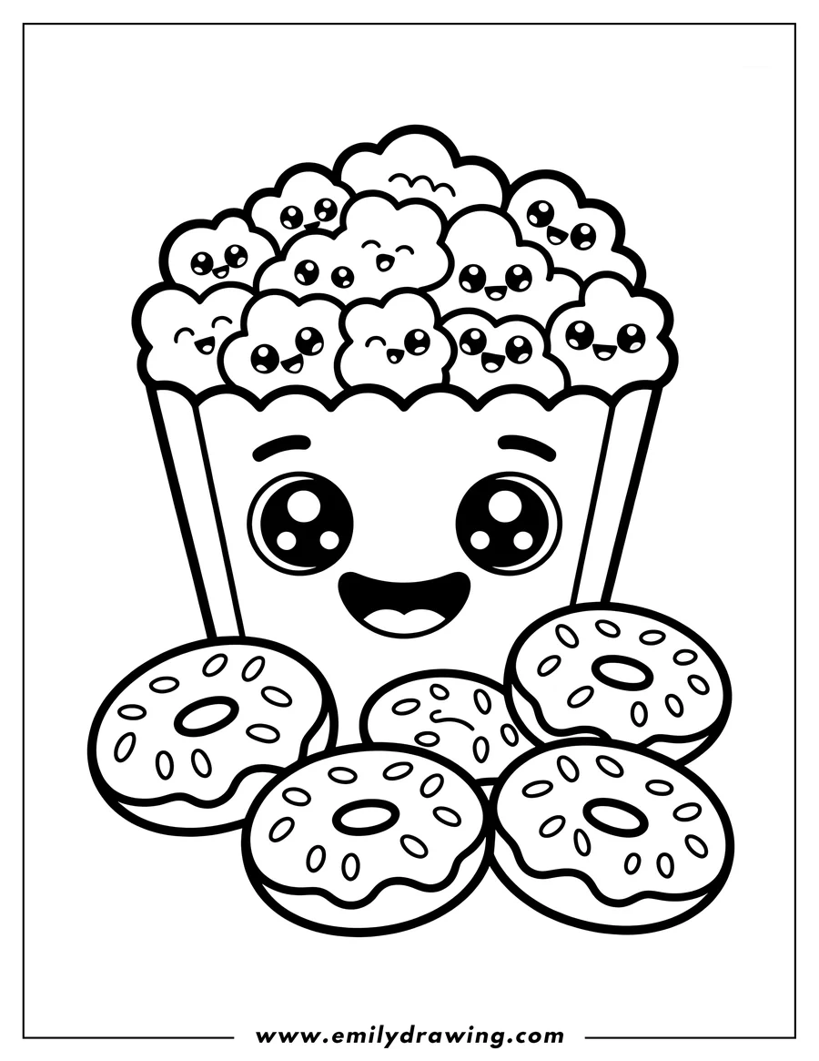 Line art of a box of popcorn and donuts, both with cute faces. The popcorn pieces and box appear happy, and there are multiple donuts at the base.