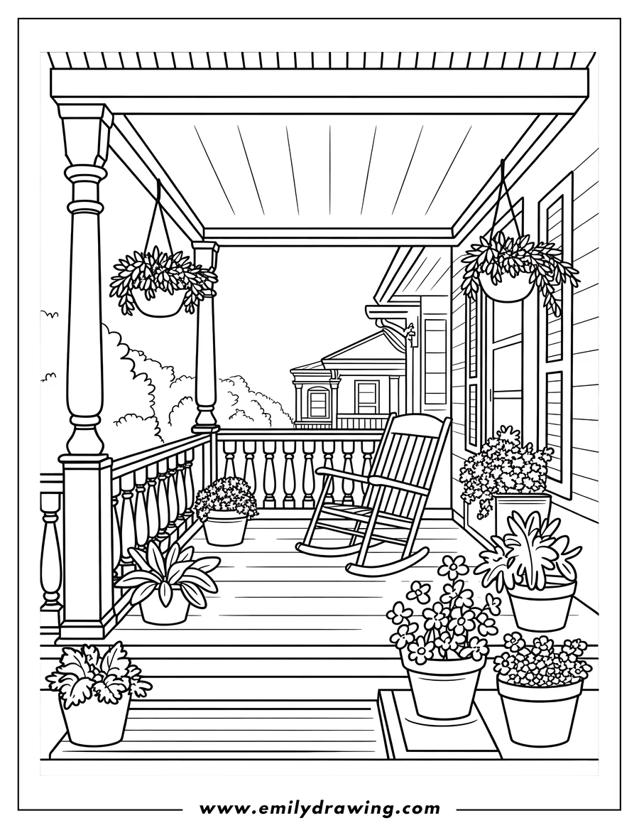 Line art of a cozy porch with a rocking chair and many potted plants, including hanging baskets. A railing runs along the edge, and another house is visible in the background.