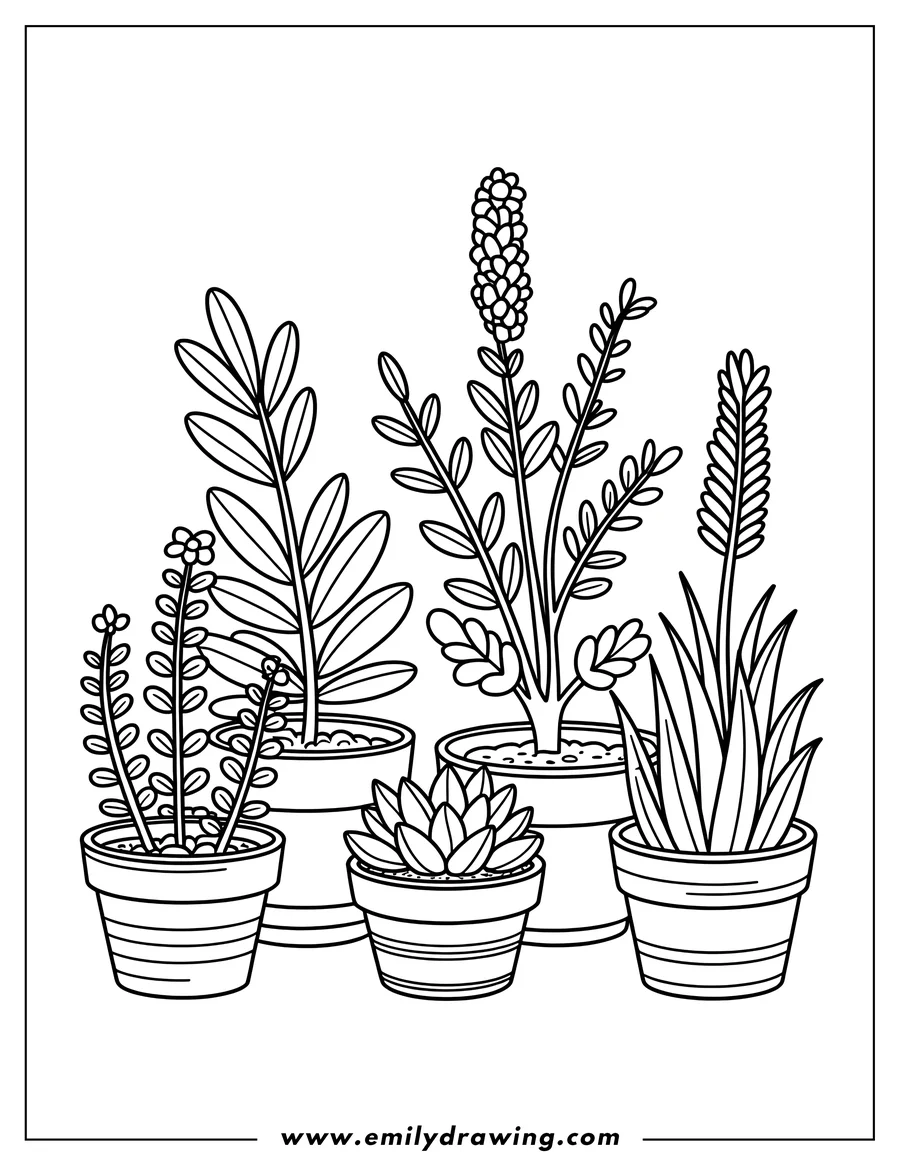 Line art of various potted plants, including succulents and plants with long leaves and some with flower buds.