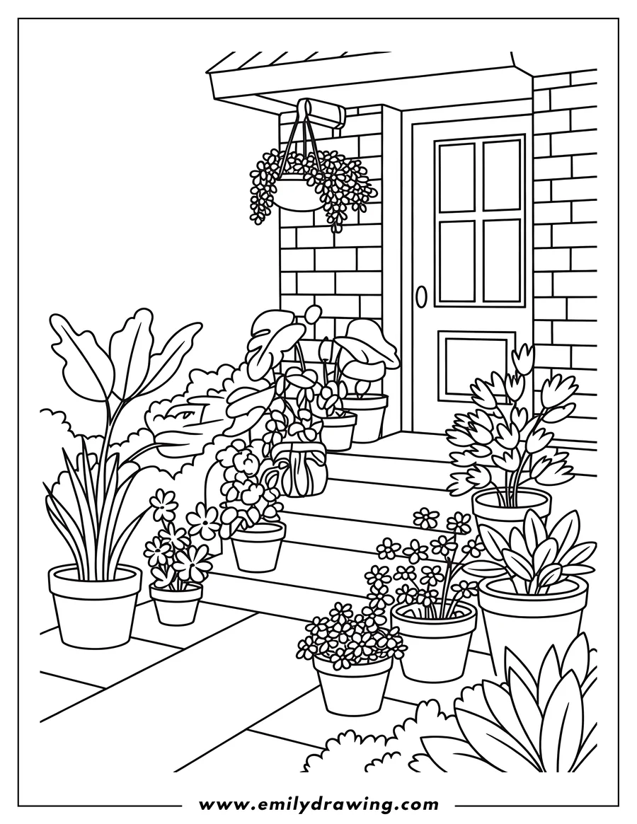 Line art of various potted plants arranged on and around steps leading to a house door with a hanging plant