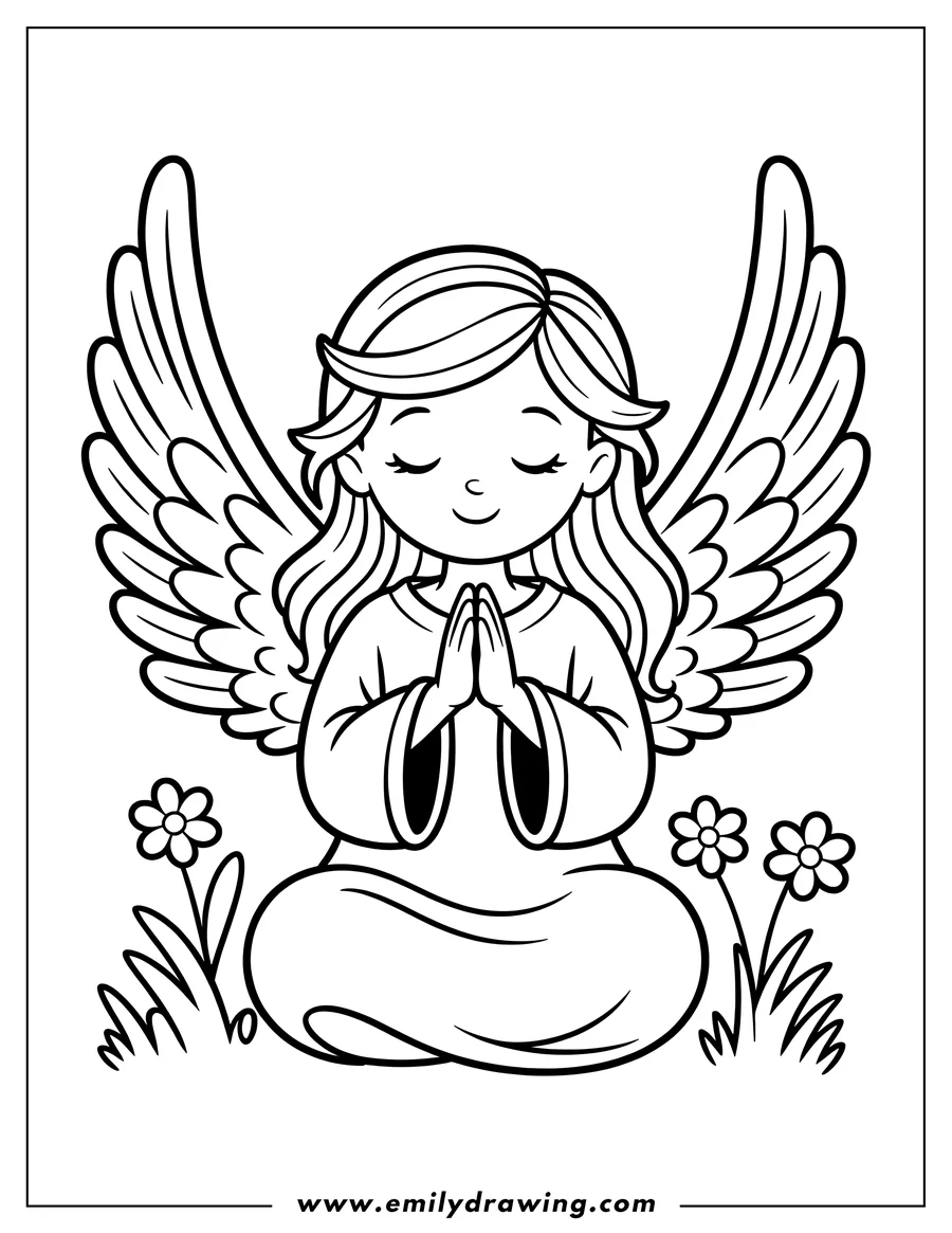Outline of a praying angel sitting peacefully in a garden with flowers beside her.