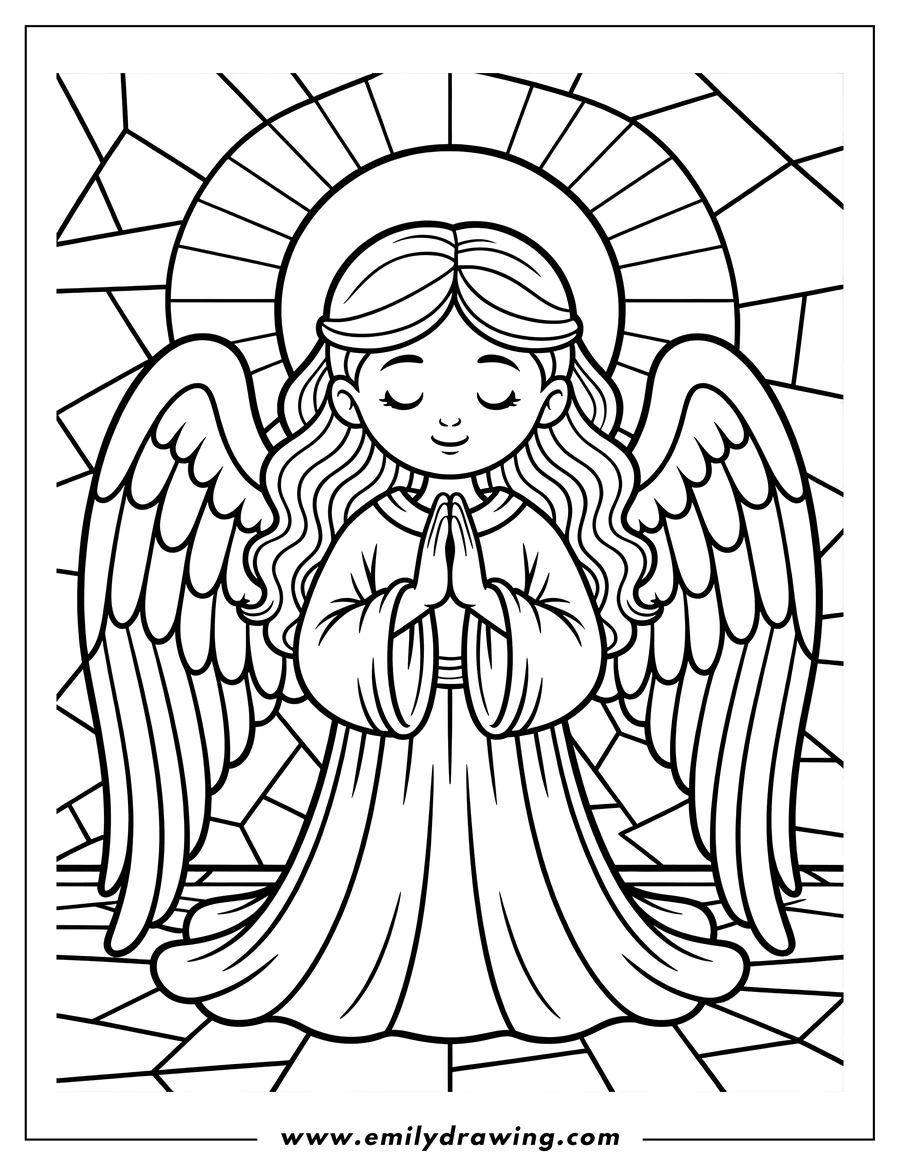Outline of a praying angel in a stained glass window. The angel has her hands clasped together and her eyes closed. The stained glass design forms a colorful background.