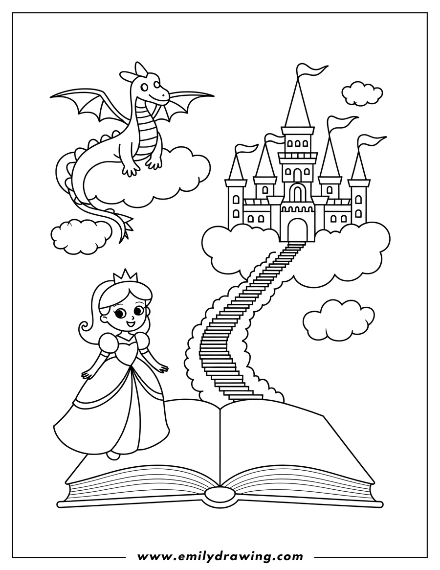 Line art of a princess standing on an open storybook, a dragon on a cloud, and a castle in the clouds with a long stairway.