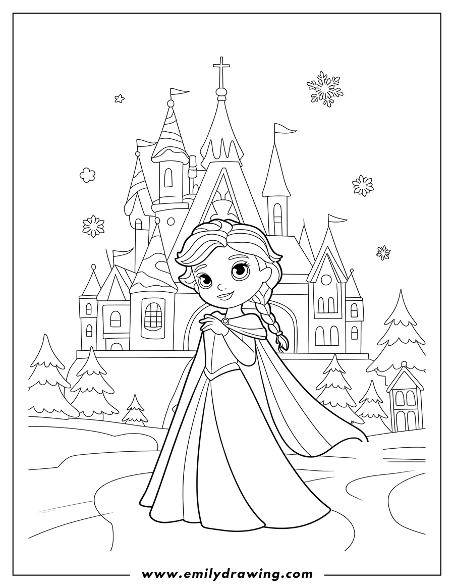Line art of a cartoon princess with a braid, standing in front of a grand castle with snowflakes falling
