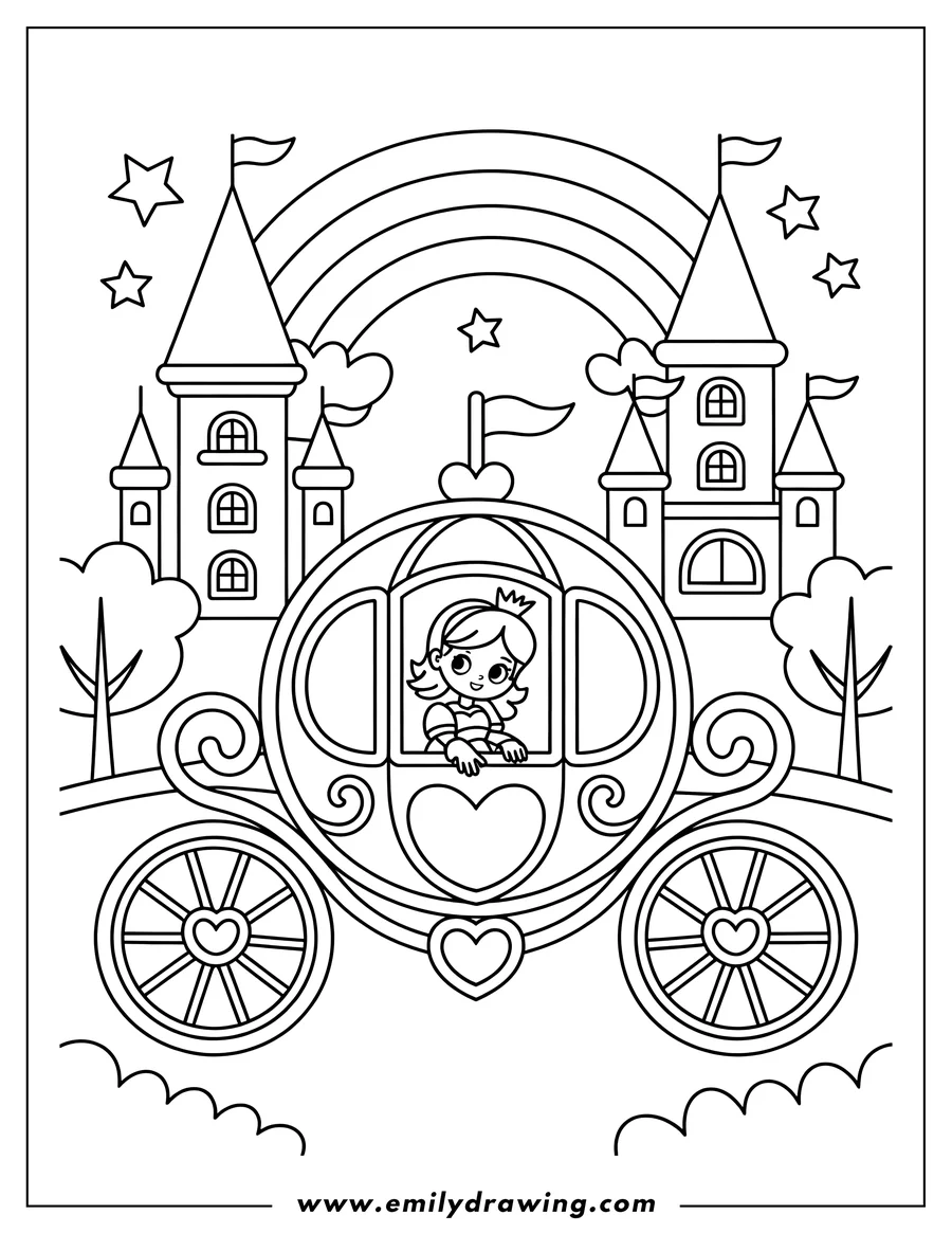 Line art of a princess looking out from a royal carriage with heart details. Behind the carriage, a large castle with multiple towers stands under a rainbow, with trees and stars in the background.