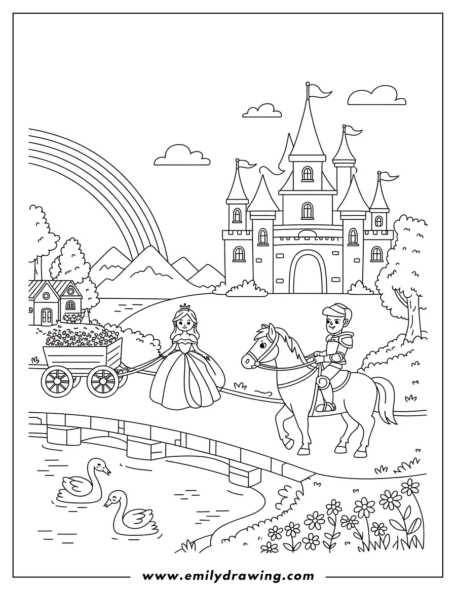 Line art of a princess pulling a flower cart and a knight riding a horse, with a grand castle, river with swans, and a rainbow in the background.