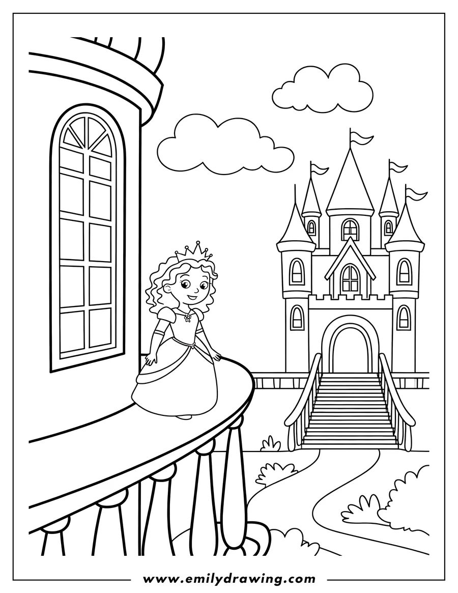 Line art of a princess with a crown and long dress standing on a balcony, looking towards a grand castle with multiple towers and flags in the background. A path leads up to the castle entrance.