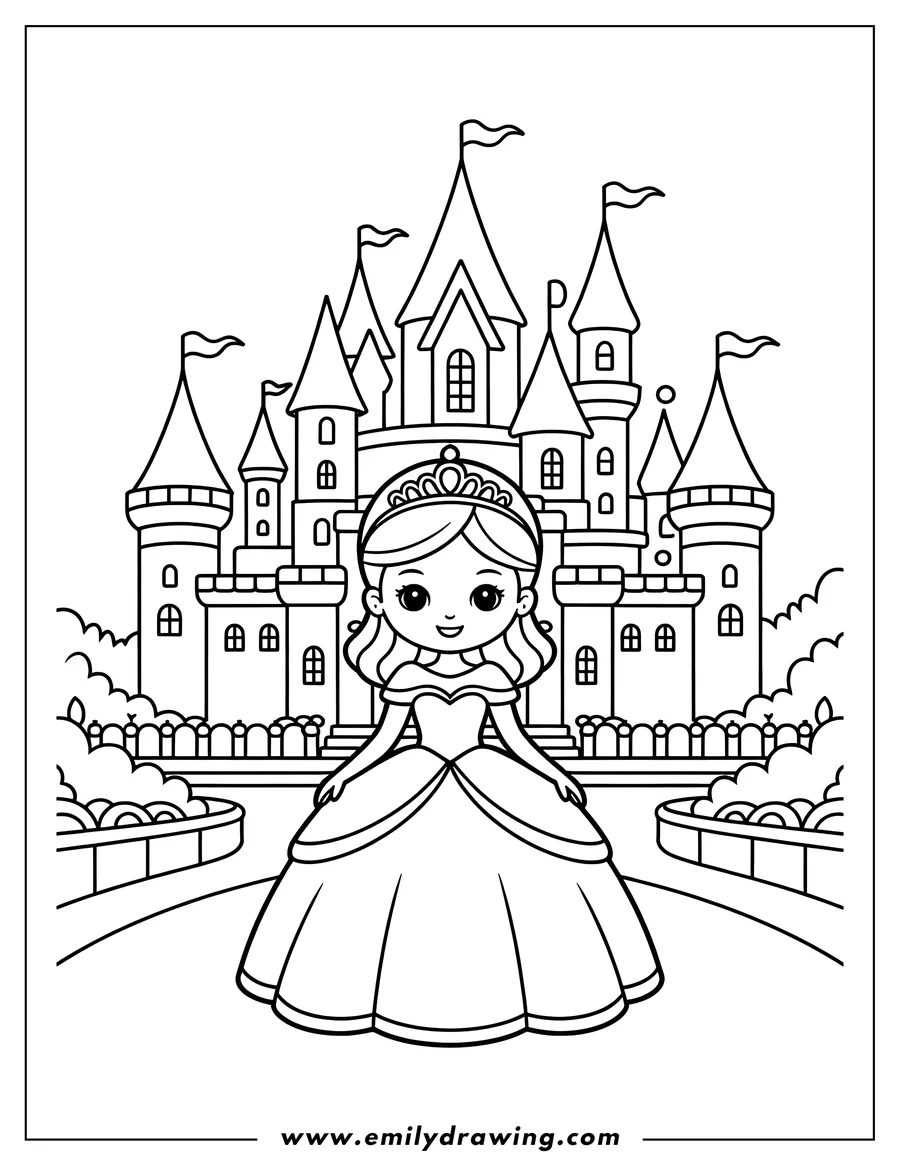 Outline of a princess wearing a crown and long gown, standing on a path leading to a grand castle with multiple towers and flags, surrounded by bushes.