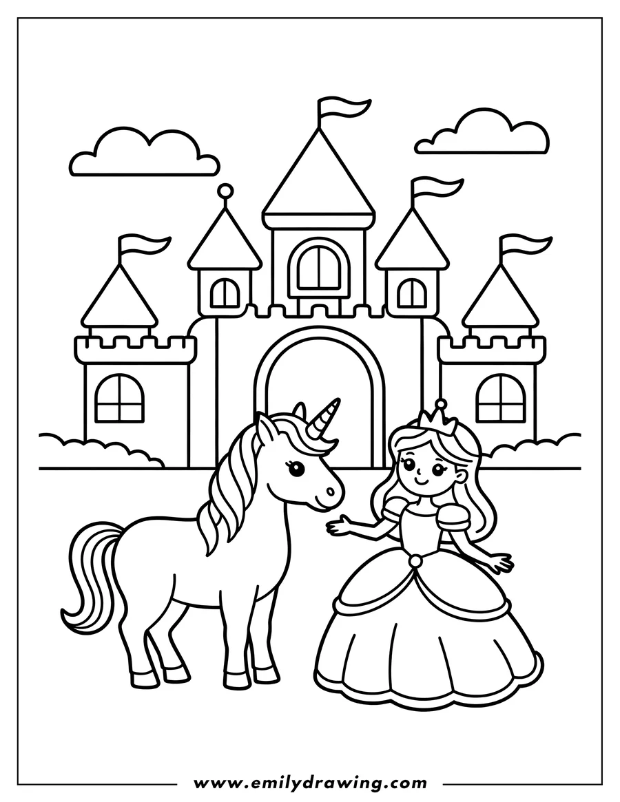 Outline of a princess in a long gown and crown standing next to a unicorn with a horn, all in front of a large castle with flags.