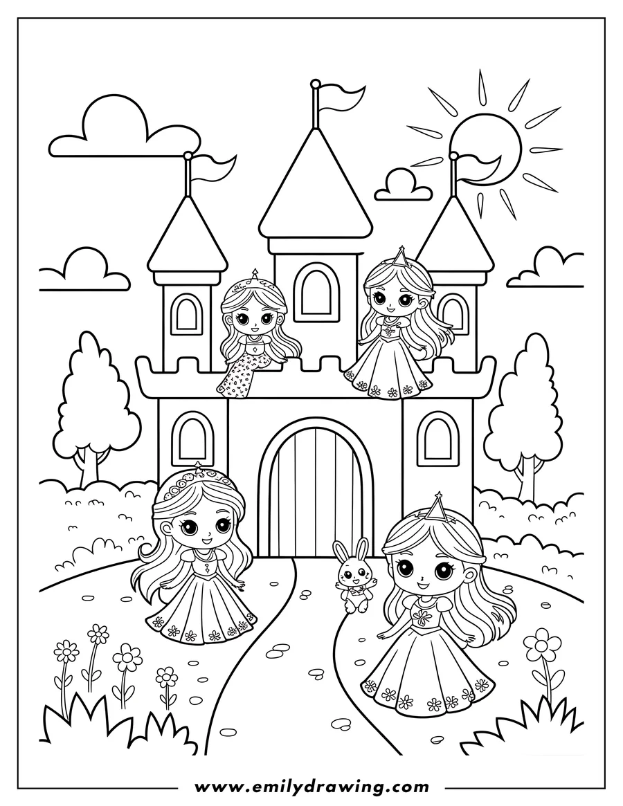 Line art of four princesses at a castle. Two princesses stand on the castle walls, and two are on the path below, one with a small bunny.