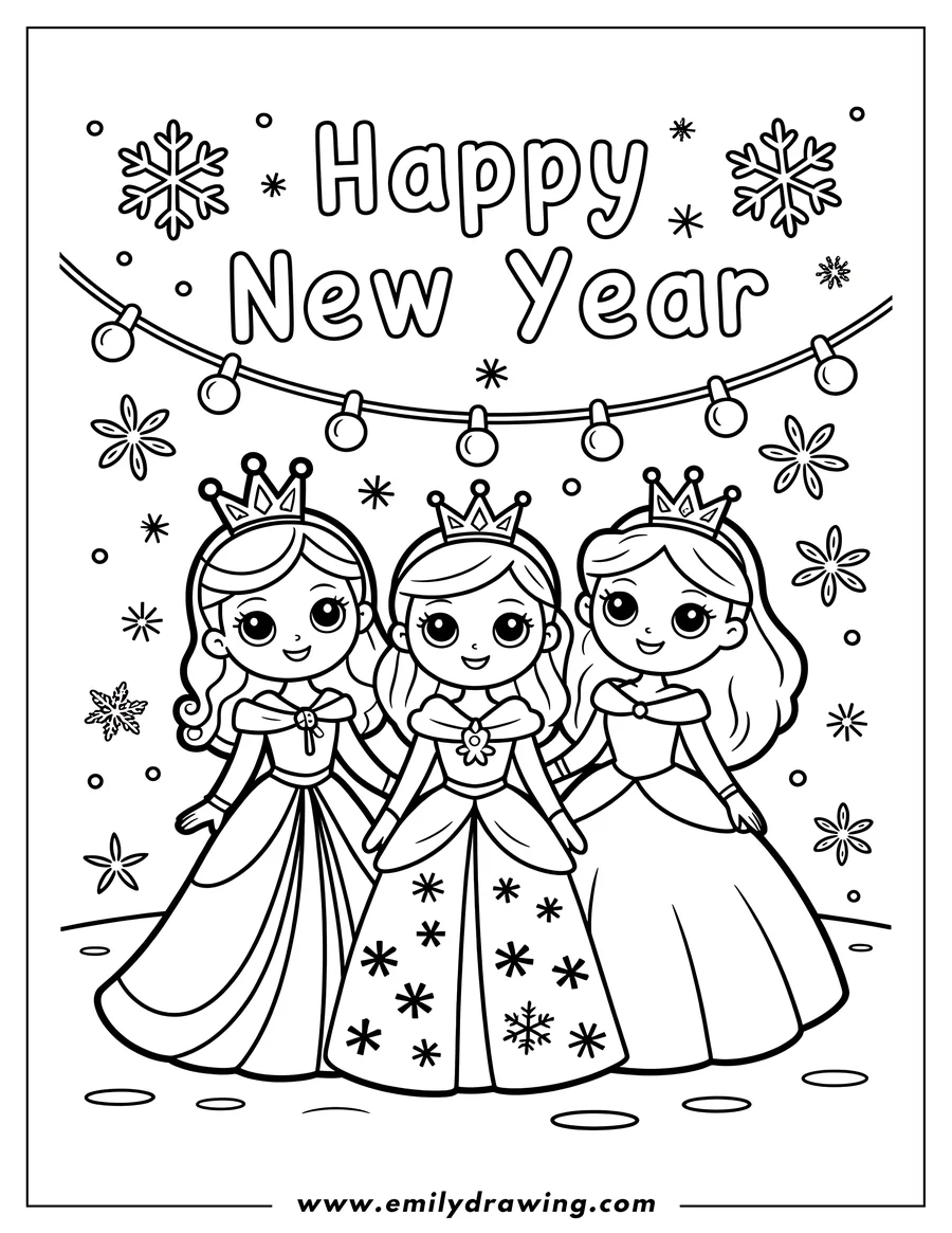 Line art of three princesses with crowns standing together under a 'Happy New Year' sign, surrounded by snowflakes and string lights.