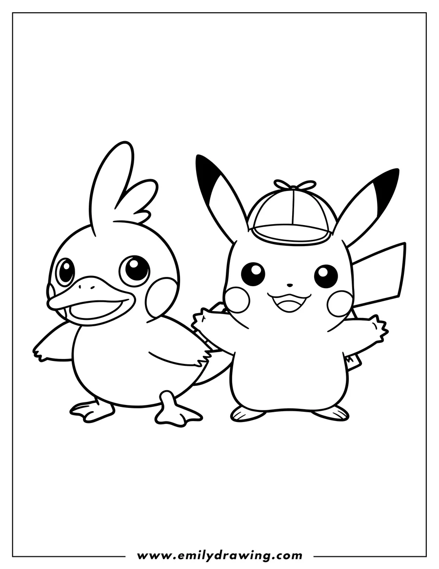 Line art of a Psyduck standing next to a Pikachu wearing a small hat.