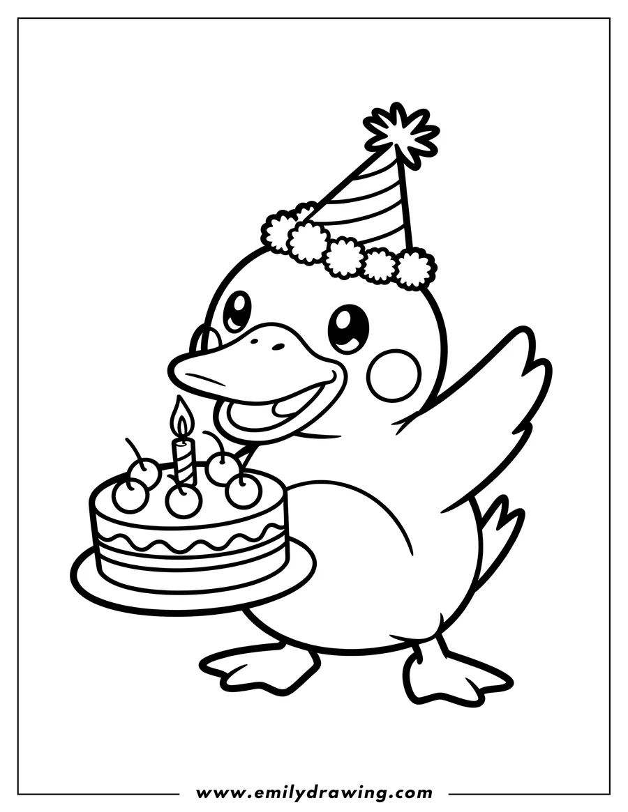 Line art of a cheerful Psyduck character wearing a party hat and holding a small birthday cake with a lit candle and cherries on top.