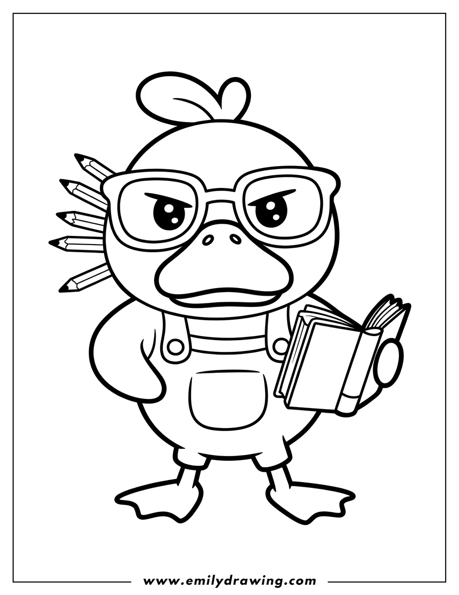 Outline of a Psyduck wearing glasses with pencils behind its ear, holding an open book.