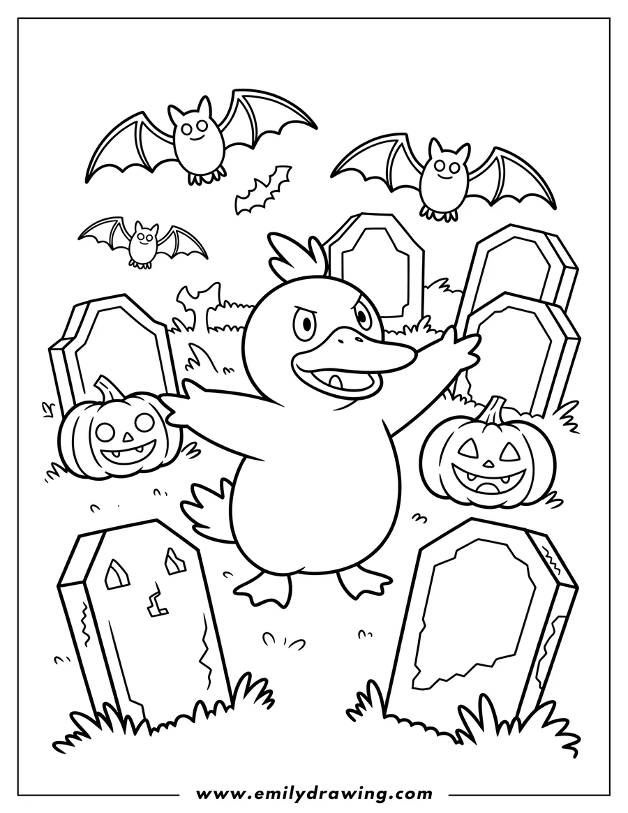 Outline of Psyduck in a graveyard, surrounded by tombstones, two jack-o'-lanterns, and several flying bats.
