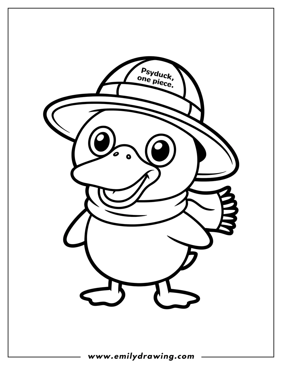 Outline of Psyduck, a duck-like Pokemon, wearing a wide-brimmed hat and a scarf, standing and smiling.