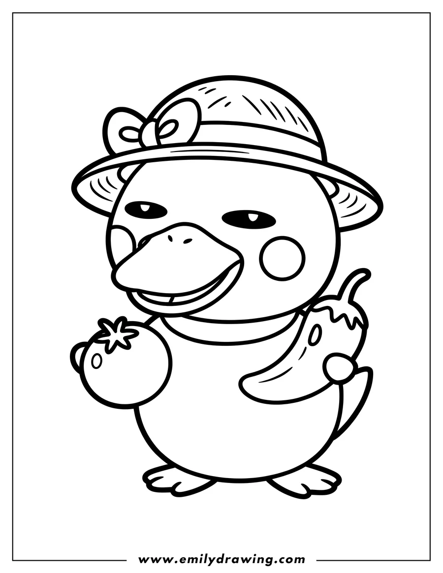 Line art of a Psyduck wearing a straw hat, holding a tomato in one hand and a chili pepper in the other.